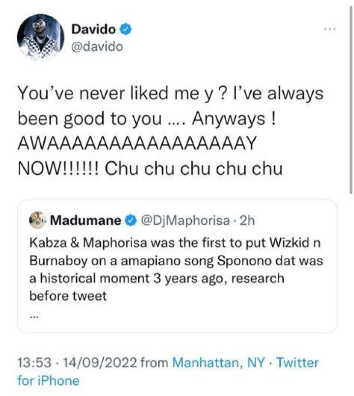 
‘You Never Liked Me’ – Davido Replies DJ Maphorisa Over Amapiano Tussle 